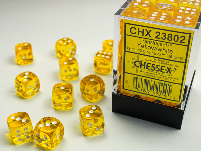 Translucent Yellow/White 12mm d6 Dice Block (36 dice)