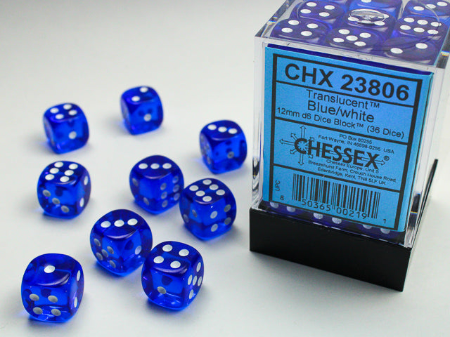 Translucent Blue/White 12mm d6 Dice Block (36 dice)