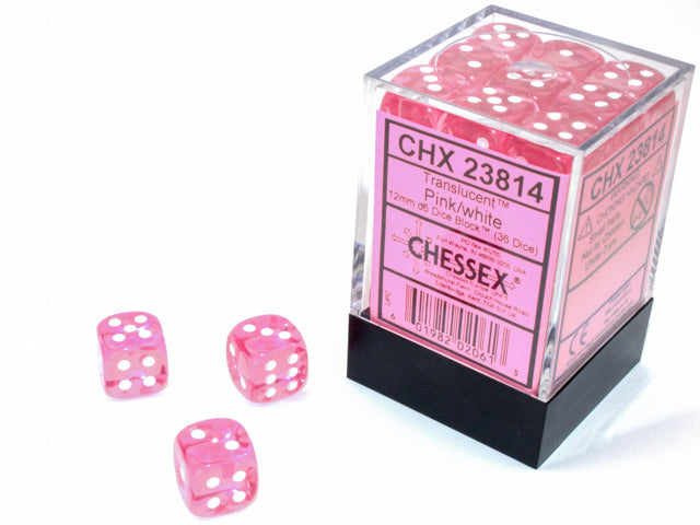 Translucent Pink/White 12mm d6 Dice Block (36 dice)