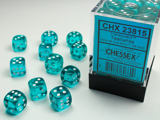 Translucent Teal/White 12mm d6 Dice Block (36 dice)