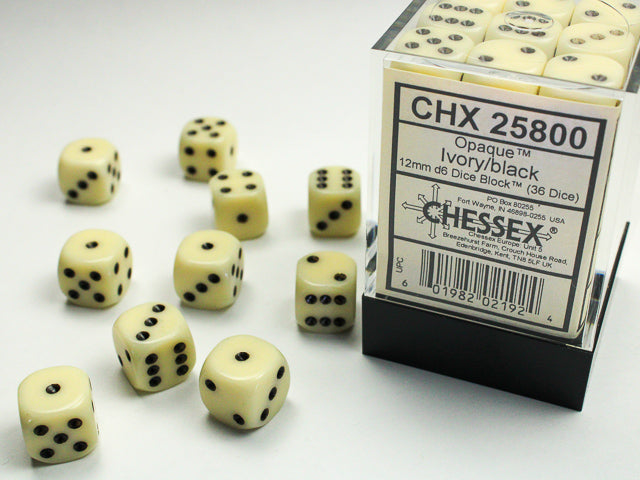 Opaque Ivory/Black 12mm d6 Dice Block (36 dice)