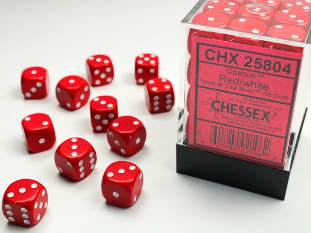 Opaque Red/White 12mm d6 Dice Block (36 dice)