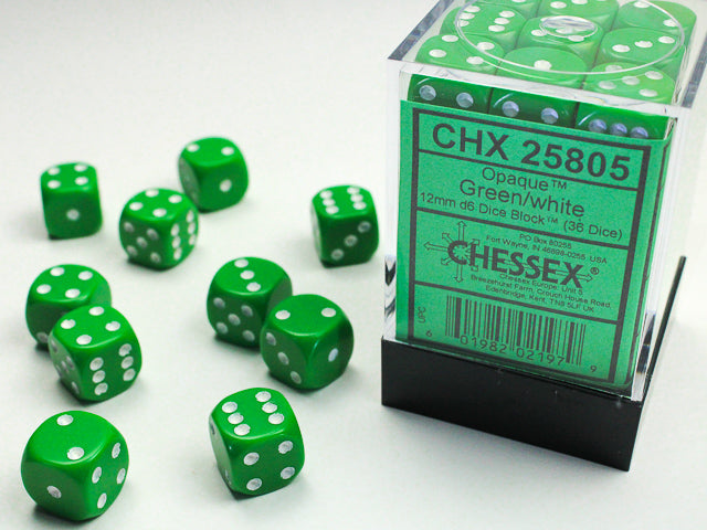 Opaque Green/White 12mm d6 Dice Block (36 dice)