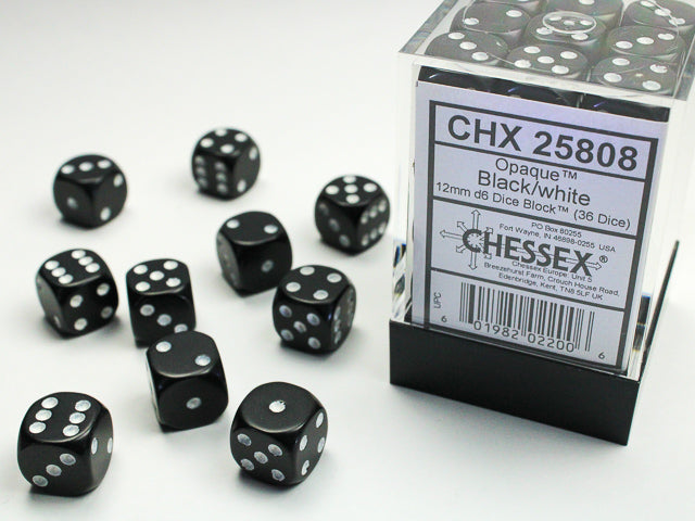 Opaque Black/White 12mm d6 Dice Block (36 dice)
