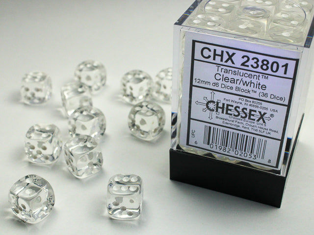 Translucent Clear/White 12mm d6 Dice Block (36 dice)