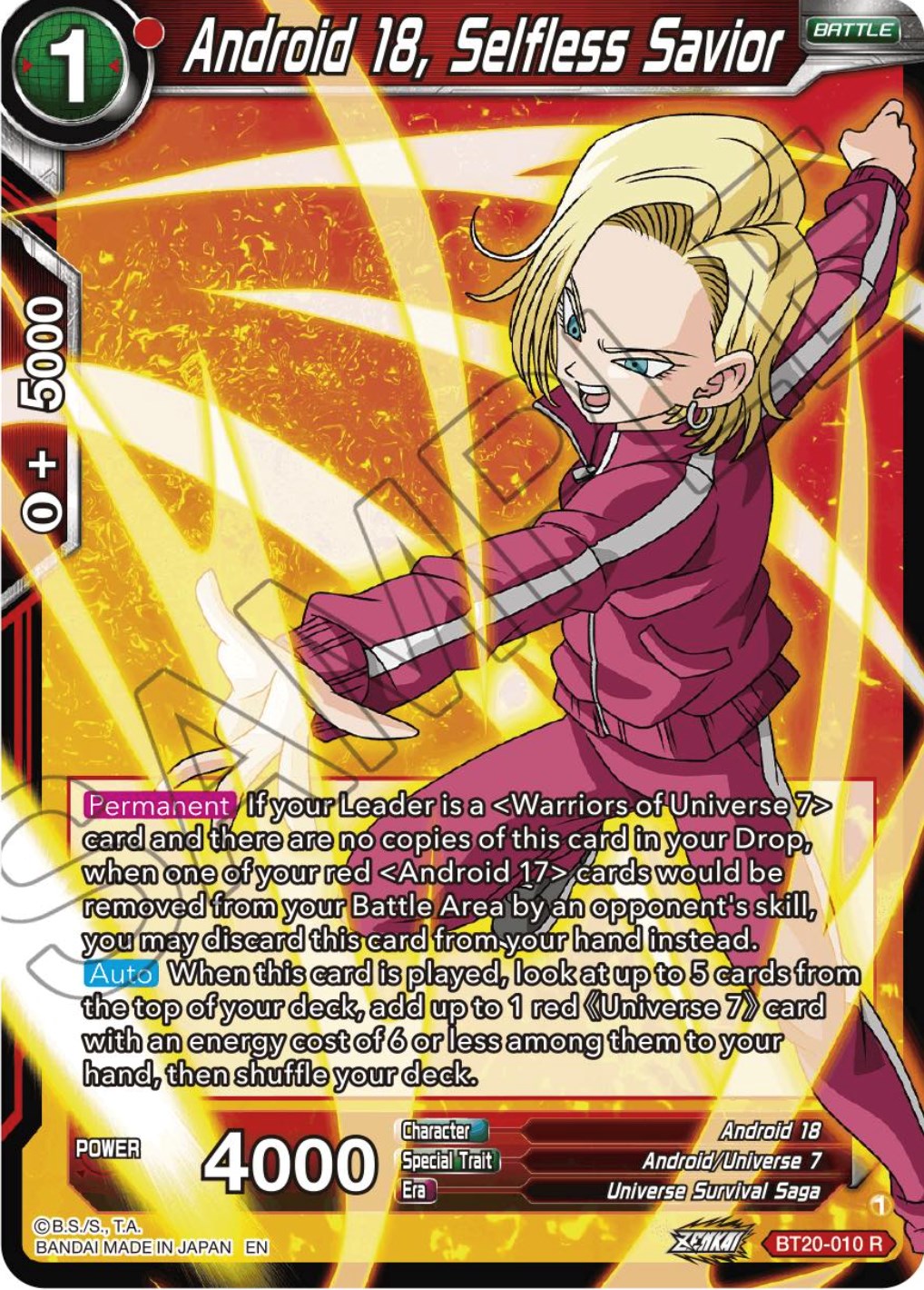 Android 18, Selfless Savior (BT20-010) [Power Absorbed] | North Valley Games