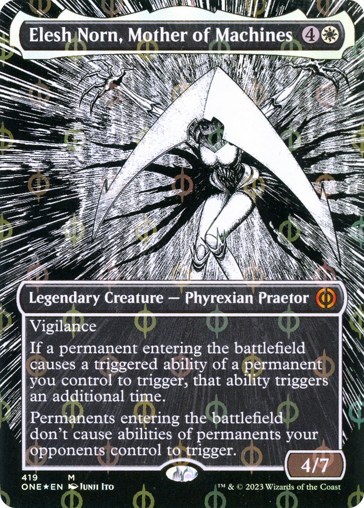 Elesh Norn, Mother of Machines (Borderless Manga Step-and-Compleat Foil) [Phyrexia: All Will Be One] | North Valley Games